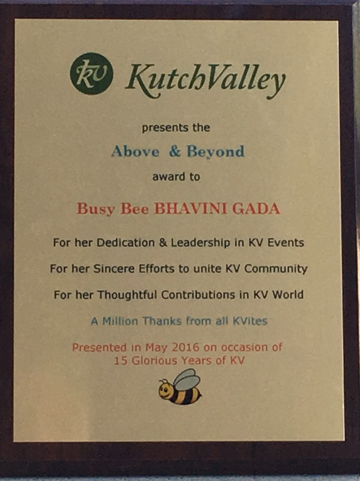 KutchValley Above and Beyond plaque presented to Bhavini Gada in May 2016.